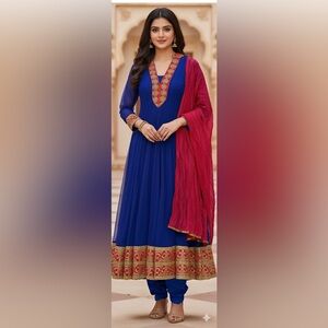 Stunning 3 piece Blue Anarkali Suit with Red & Gold Embroidery | Aprx Size Small